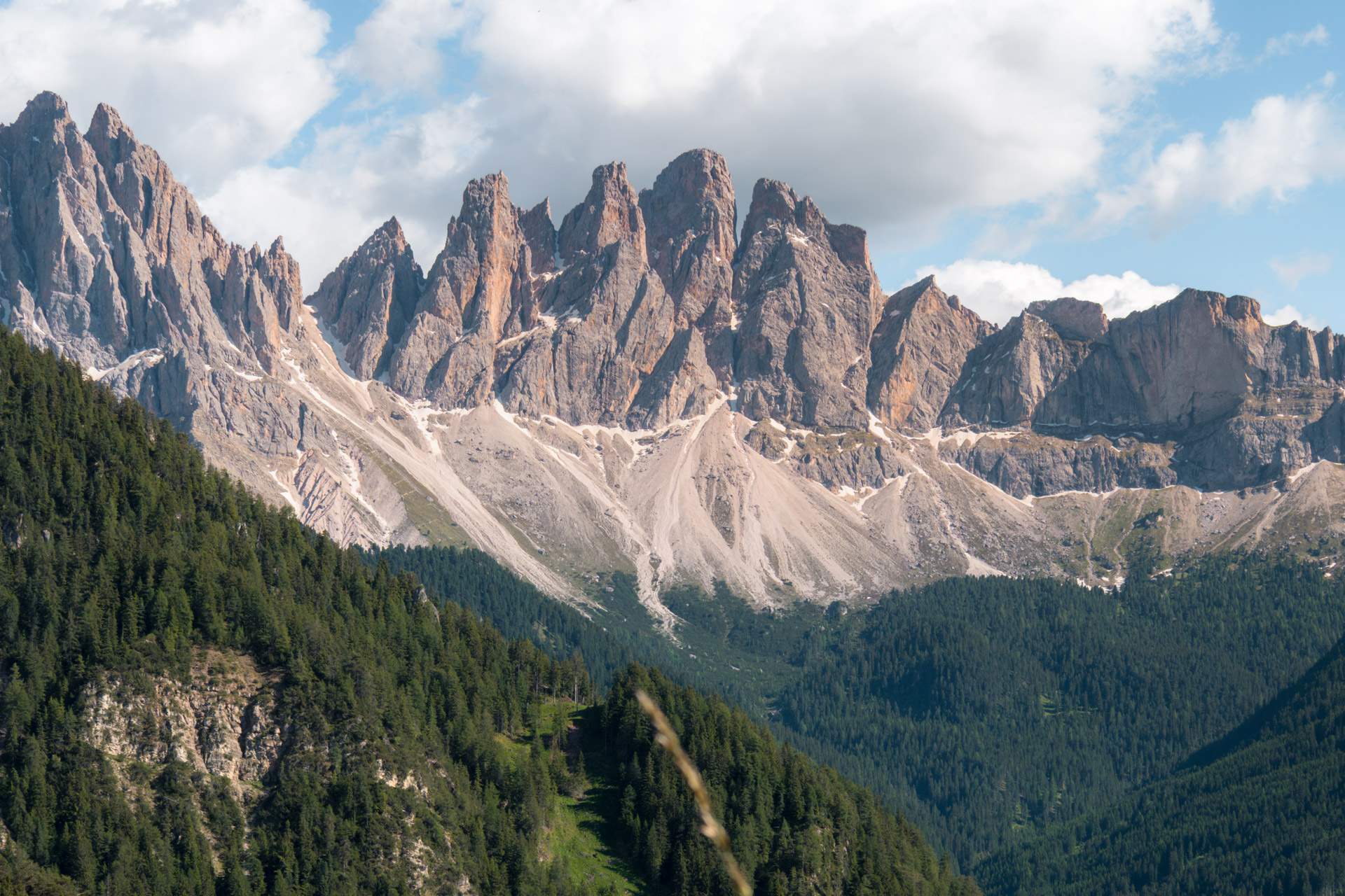 Dramatic jagged Dolomite peaks with vertical striations rise above dense coniferous forest and alpine valley.